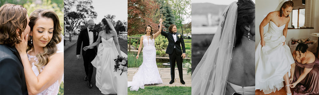 A series of images of brides, grooms and bridal party members in moments of celebration