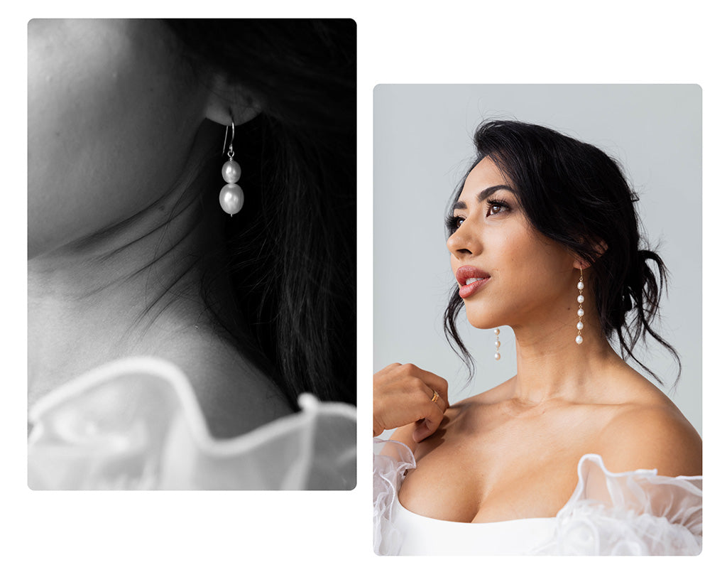 Close up of model wearing pearl drop earrings made by an Australian bridal jewellery designer